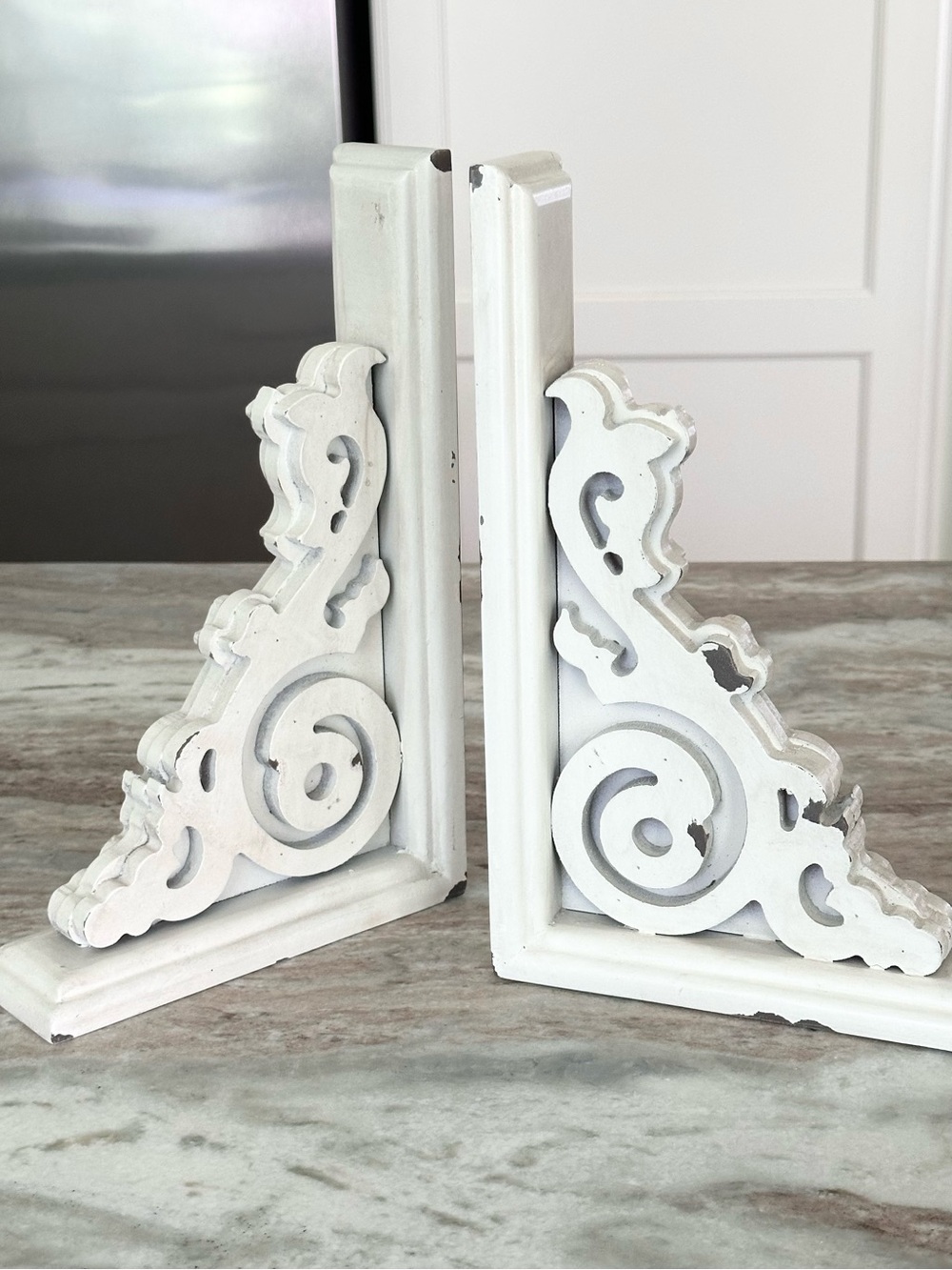 Set of 2 Decorative White Distressed Wood Scroll Corbels - Bookends / Farmhouse
